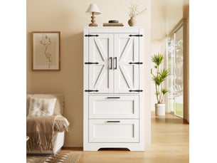 Buffet haut 60x30x128 cm blanc, meuble rangement cuisine avec 2 tiroirs et étagères ajustables, style campagne moderne