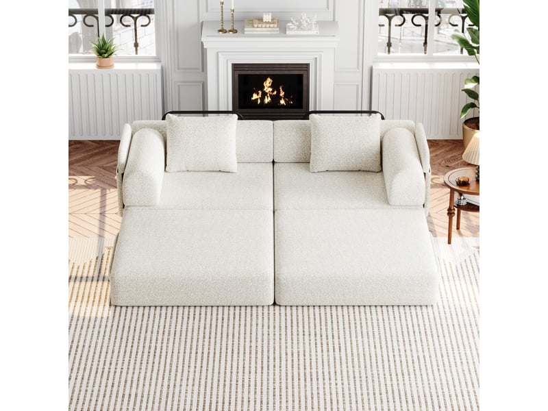 Canapé convertible 2-en-1 en chenille, rangement accoudoir, cadres acier, configurations multiples, grand confort pour salon - beige - Conforama E