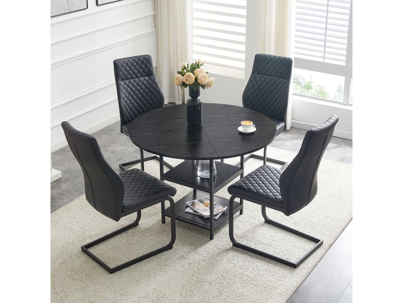  Ensemble repas 4 personnes, table ronde ø107 cm et 4 chaises noires en pu  - Conforama B