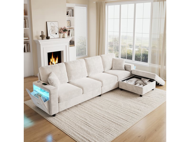 Canapé d'angle modulable 4 places avec pouf coffre, accoudoir led et ports usbusb-c en polyester beige, 282×153×82 cm - Conforama B