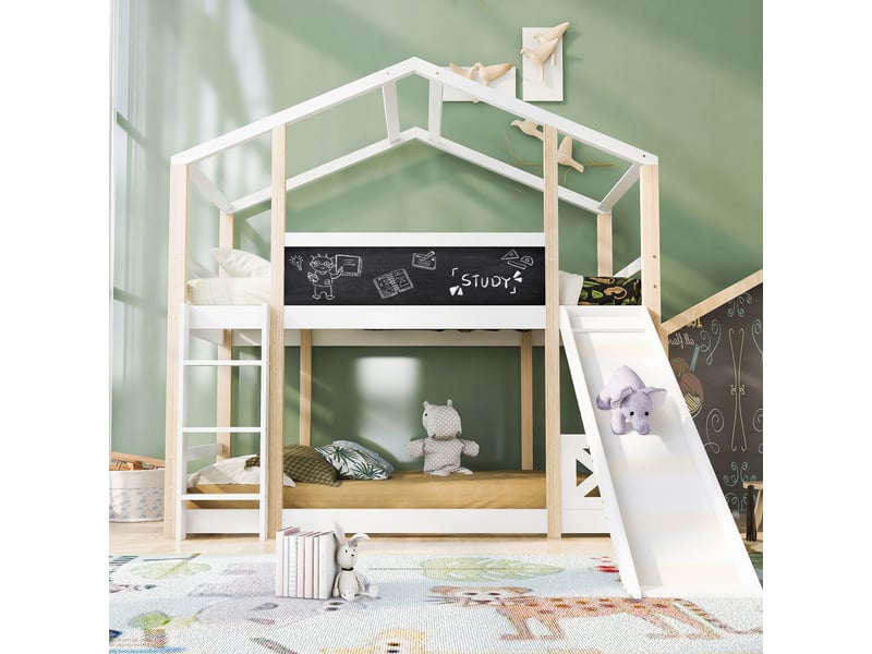  Lit cabane avec toboggan et échelle 90x200 cm, lit enfant blanc et nature en bois massif avec sommier  - Conforama B
