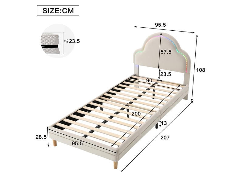  Lit enfant 90 × 200 cm 1 place avec led multicolore et tête de lit nuage, sans matelas, en velours beige  - Conforama D