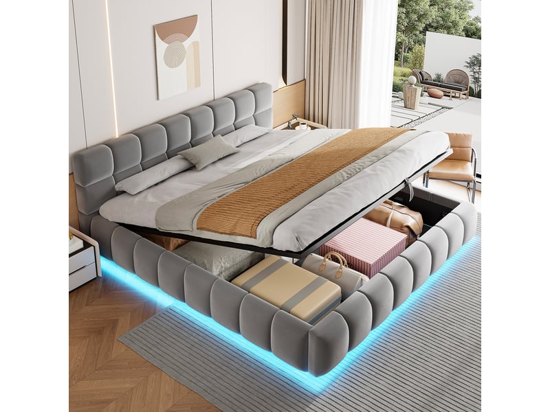  Lit rembourré pour adulte, 180 x 200 cm, avec bande lumineuse, tête de lit, rangement hydraulique, velours, gris  - Conforama E
