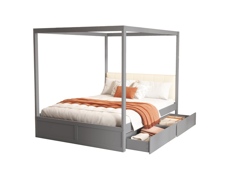  Lit cabane 140x200 gris, lit en bois avec grands tiroirs et dossier rembourré, structure robuste pour chambre d'enfant ou d'adolescent.  - Conforama E