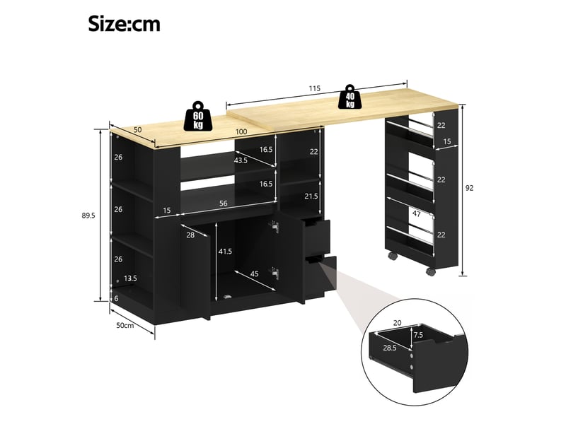 Îlot de cuisine 115x50x92 cm noir et naturel avec plateau pivotant extensible  - Conforama C