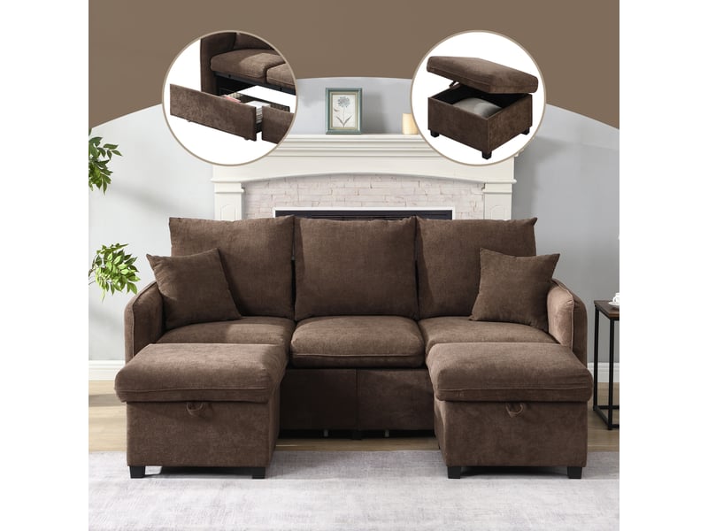  Canapé d'angle 3 places en tissu chenille, canapé modulable avec deux poufs, convertible en lit, rangement intégré, marron antique  - Conforama E