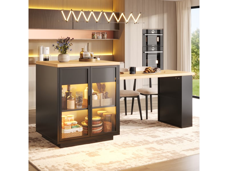  Meuble de cuisine muvano, îlot de cuisine extensible noir, de 122 à 194,5 cm avec rangement  - Conforama C