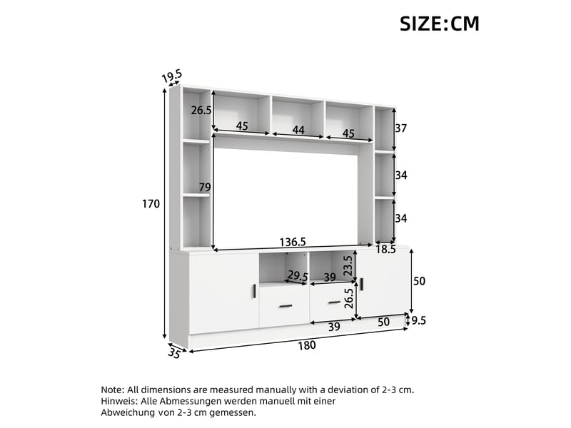  Meuble tv mural avec 2 portes, 2 tiroirs et 11 niches, anti-basculement pour salon en panneaux blancs 180×35×170 cm  - Conforama D