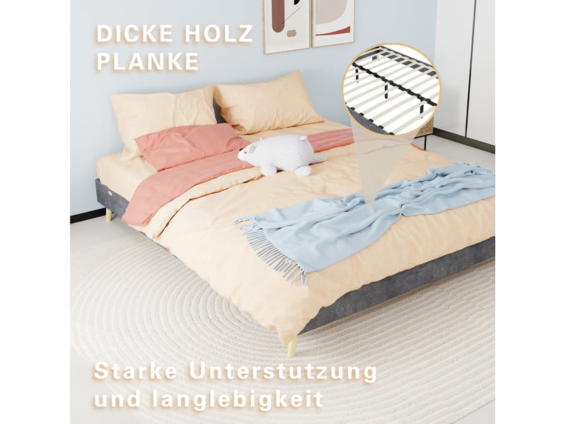 Lit adulte 160 × 200 cm 2 places en velours gris, structure basse, sans matelas, style moderne - Conforama E
