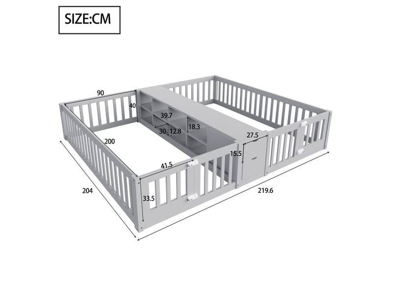  Lit enfant double 2 x 90 x 200 cm avec rangements, barrières de sécurité, gris  - Conforama C