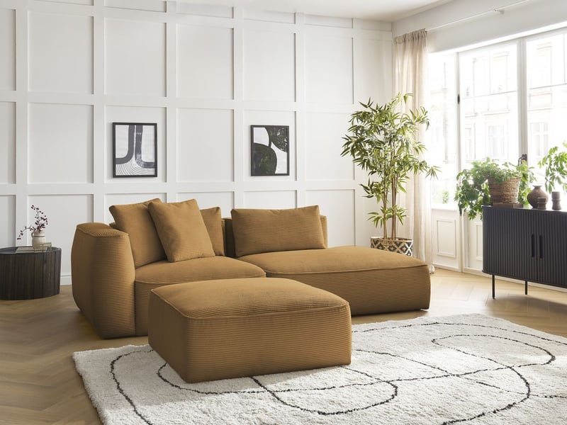 Bobochic canapé droit fixe 3 places leopold velours côtelé avec pouf jaune accoudoir gauche LEOPOLD - Conforama D