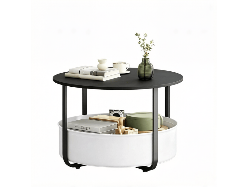 Table basse ronde avec panier en toile, pieds réglables et plateau robuste pour salon, métal noir, ø 80 × 50 cm - Conforama A