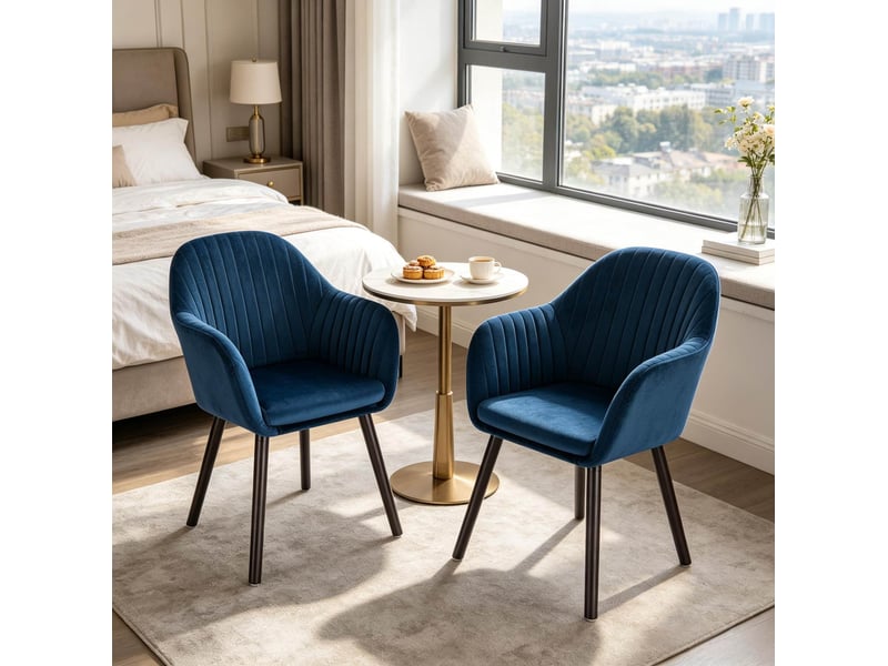  Lot de 2 chaises de salle à manger 50x42x81cm, structure métallique et en bois massif, style scandinave, finition noir et bleu, accoudoirs, dossier incurvé  - Conforama B