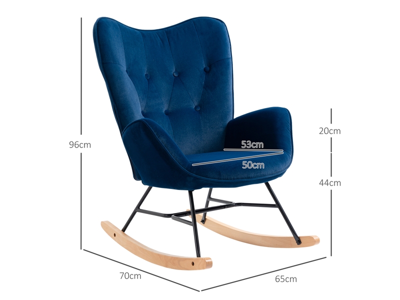  Fauteuil à bascule, rocking chair, fauteuil allaitement confortable avec structure en bois massif et métal pour salon, balcon, chambre, velours bleu  - Conforama C