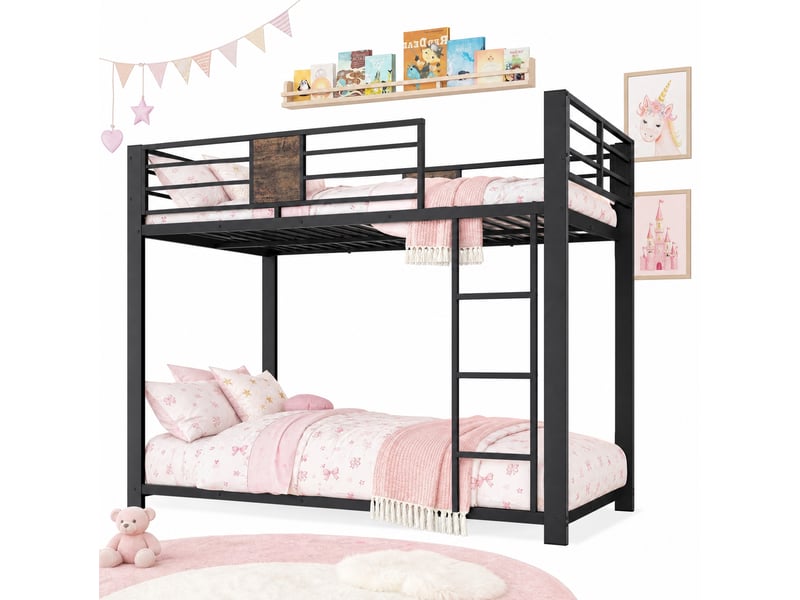  Lit superposé 90x200 cm en métal noir avec échelle réversible et garde-corps  - Conforama A