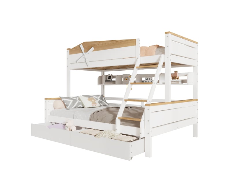  Lit superposé enfant 90x200 et 140x200 cm – blanc et naturel – éolienne, rangements et 2 tiroirs bas  - Conforama A