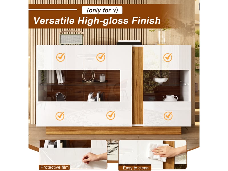 Buffet moderne à 3 portes en acrylique avec éclairage led réglable, 120 cm blanc et bois naturel - Conforama R