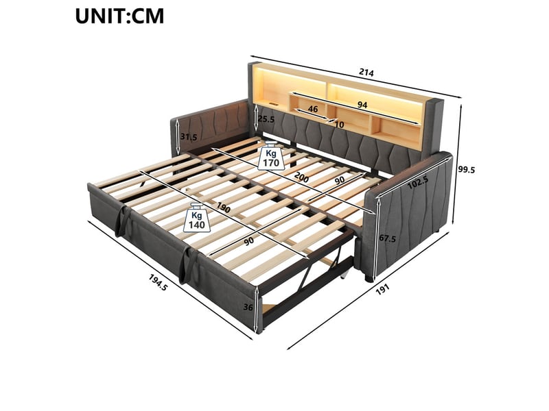  Lit gigogne multifonction, 90 × 200 cm, avec bande lumineuse led et prise électrique, revêtement en lin, gris  - Conforama C