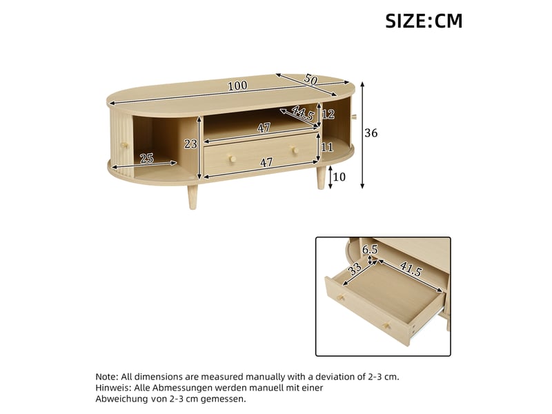  Table basse ovale 100x50x36 cm, pour salon, table de salon avec porte, rangement, avec tiroir, en mdf, bois clair  - Conforama C