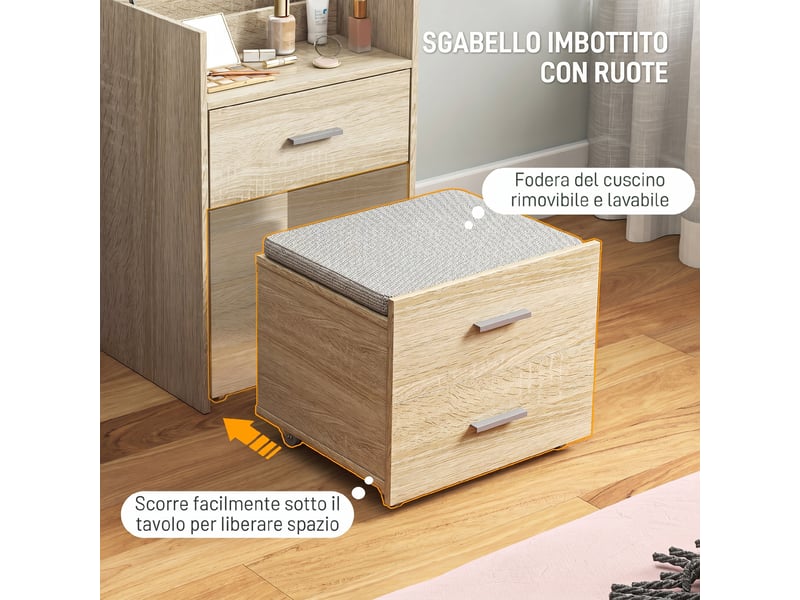  Coiffeuse avec miroir pliant, tiroirs et tabouret, en bois et tissu effet lin, coloris bois  - Conforama E