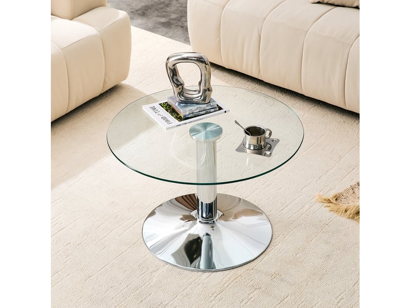  Table basse ronde en verre trempé 70 cm, pied et base en métal argenté, 45 cm  - Conforama B