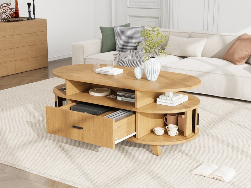  Table basse ovale 100x50x40 cm effet bois naturel, 1 tiroir, 2 portes coulissantes à rideau, 3 niches ouvertes, rangement, mdf  - Conforama C