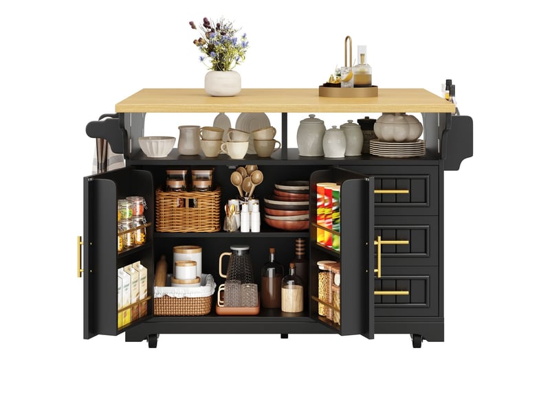  Buffet bahut rallonge de table amovible rangement généreux tiroirs portes à motif vertical plateau rabattable des deux côtés monté sur roulettes extension de table positionnable librement  - Conforama E