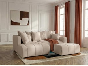Canapé d'angle gauche convertible <strong>BOBOCHIC</strong> <strong>ROXELANE</strong> 4 places Tissu beige avec coffre de rangement