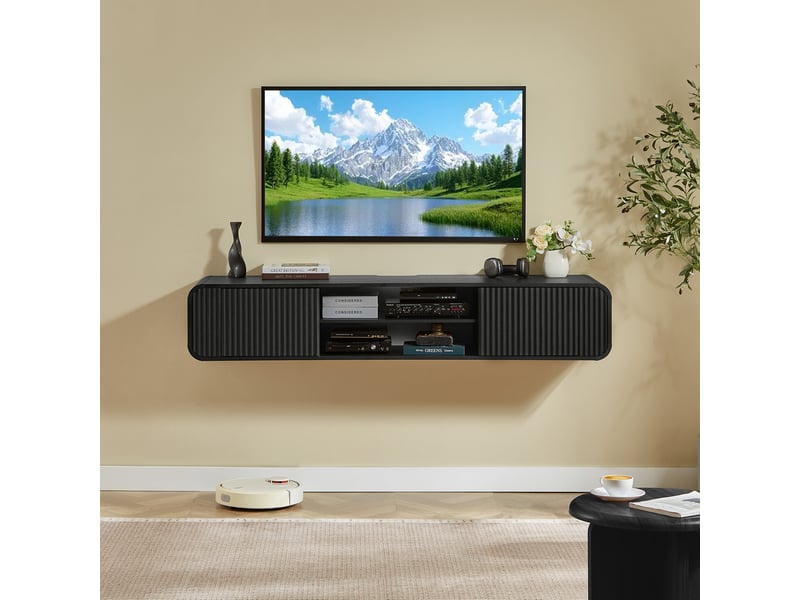  Meuble tv mural 160 cm, noir, rangement suspendu avec étagères ouvertes  - Conforama B
