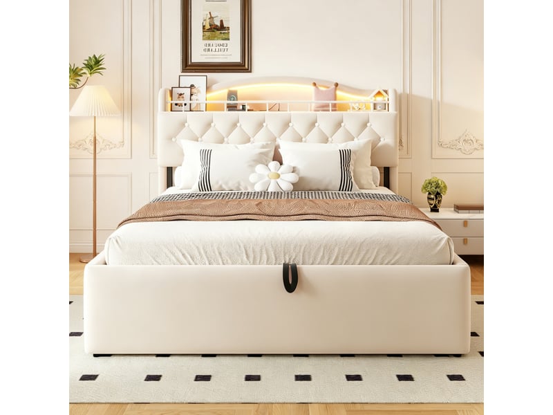  Lit coffre 140 × 200 cm, rangement hydraulique, tête avec étagères, led, usb-a et usb-c, sommier métal, velours beige  - Conforama D