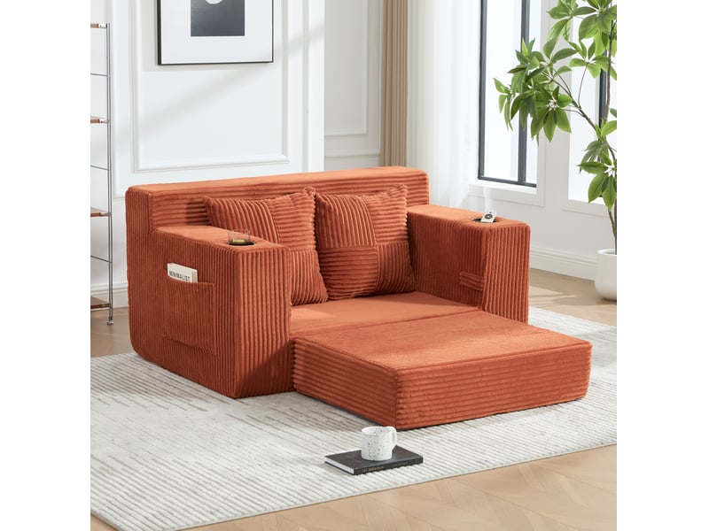  Canapé-lit 2 places modenvie convertible en velours côtelé orange avec pouf, coussins, porte-gobelet et poches de rangement 151 x 133 x 64 cm  - Conforama D