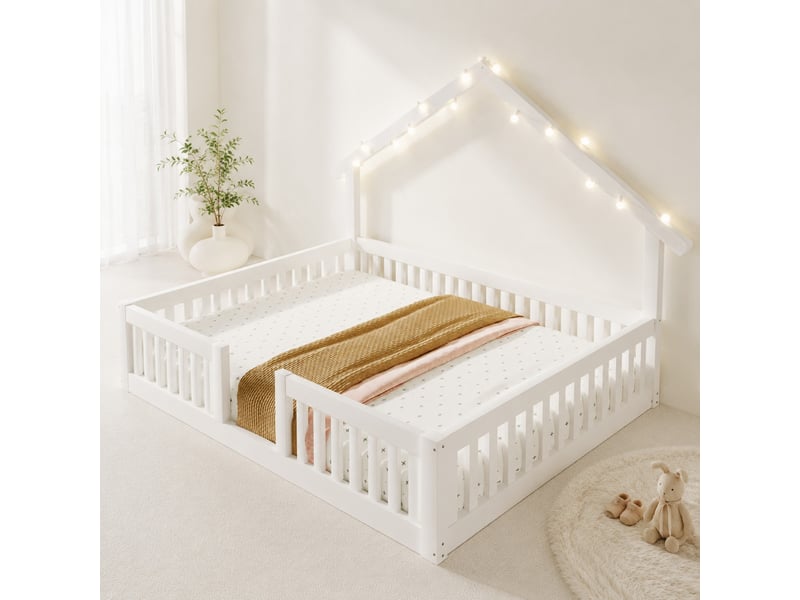 Lit cabane enfant 2 places 140×200 cm avec barrière de sécurité et led  - sans matelas, bois - blanc  - Conforama C