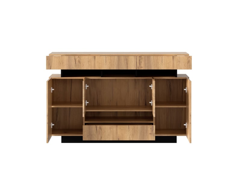  Commode 3 tiroirs et 4 portes, avec éclairage, compartiments ouverts, pour chambre, 140 x 35 x 90 cm, finition bois naturel et noir  - Conforama E