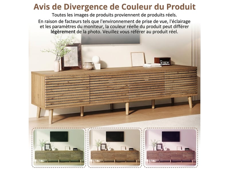  Meuble tv bois clair 180 cm pour tv jusqu'à 75 pouces - 4 portes à lattes  - Conforama D