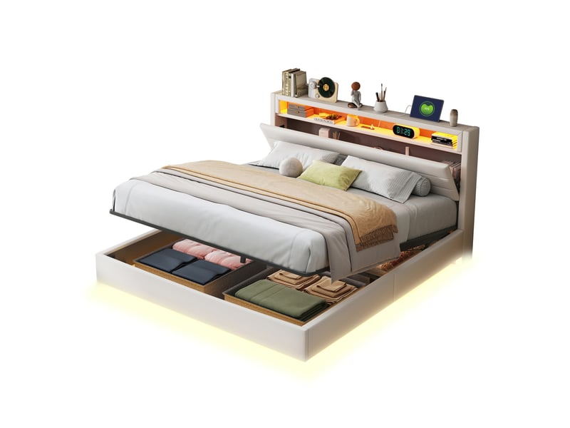  Lit adulte 160x200cm,lit coffre en lin avec lumière led,prise usb,tête de lit réversible et pieds cachés,beige lit adulte beige - Conforama A