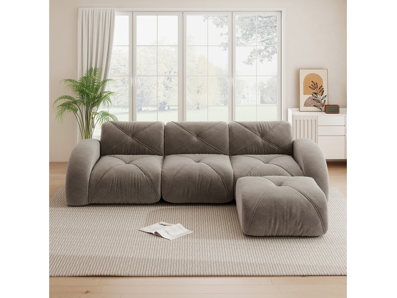  Canapé modulaire 3 places en chenille taupe avec pouf, configuration en l  - Conforama C