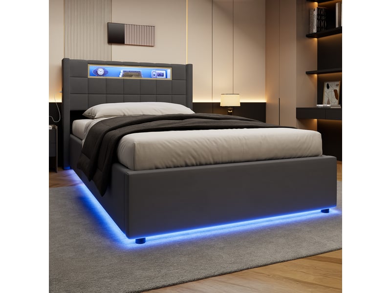  Lit coffre 90x200 cm velours gris foncé avec led et recharge  - Conforama E