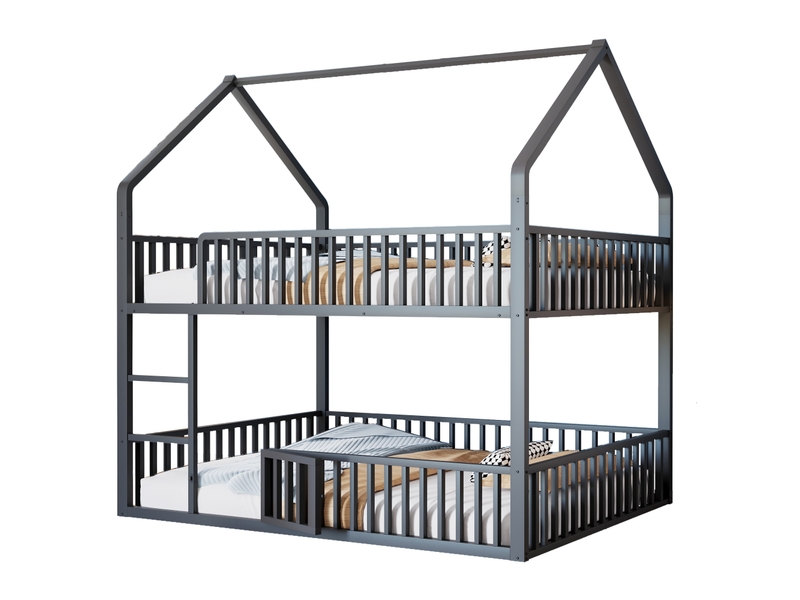 Lit superposé 140x200 cm - lit enfant en métal robuste avec escalier et barrières de sécurité - sans matelas - noir - Conforama A