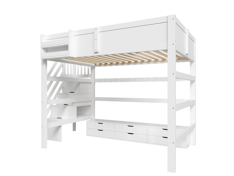  Lit mezzanine 140 x 200 cm avec 6 tiroirs de rangement, escalier à compartiments et garde-corps de sécurité, pin et mdf - blanc OMNIGLINT TRADING LTD - Conforama E