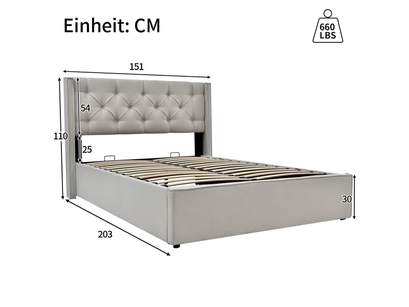  Lit coffre tcqpz 140 x 200 cm relevable gris clair structure métal lattes en bois  - Conforama C