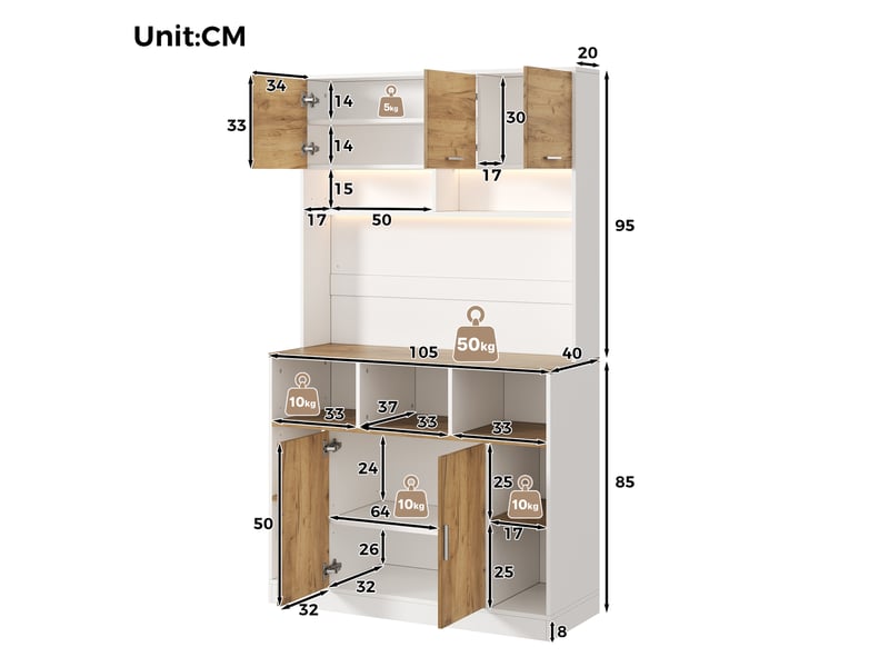  Armoire colonne cuisine 105x40x180 cm blanc bois avec led rgb, 5 portes, étagères réglables, vitrine de rangement pour cuisine et salon  - Conforama D