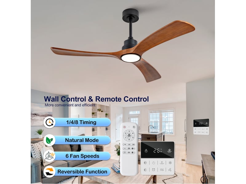  Ventilateur de plafond 132 cm avec éclairage led, 3 pales en bois massif, moteur dc réversible, télécommande et interrupteur mural  - Conforama D