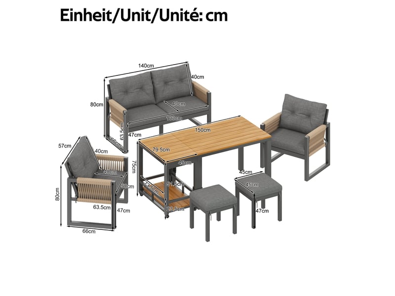 Salon de jardin 6 pièces gris, table amovible et coussins épais, idéal pour terrasse, balcon et espace extérieur - Conforama C