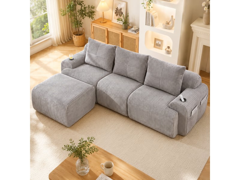  Canapé modulable, canapé de salon, porte-gobelets, gris clair, en velours tricoté  - Conforama A