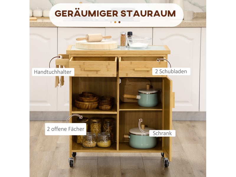 Desserte de cuisine 84x36x85 cm naturelle en bambou, plan en verre, rangements et roulettes freinées - Conforama E
