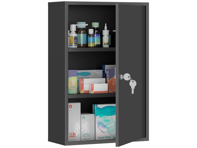  Armoire à pharmacie 2 étagères 3 niveaux verrouillable, dim. 40l x 18l x 60h cm, 2 clés, métal, noir  - Conforama A