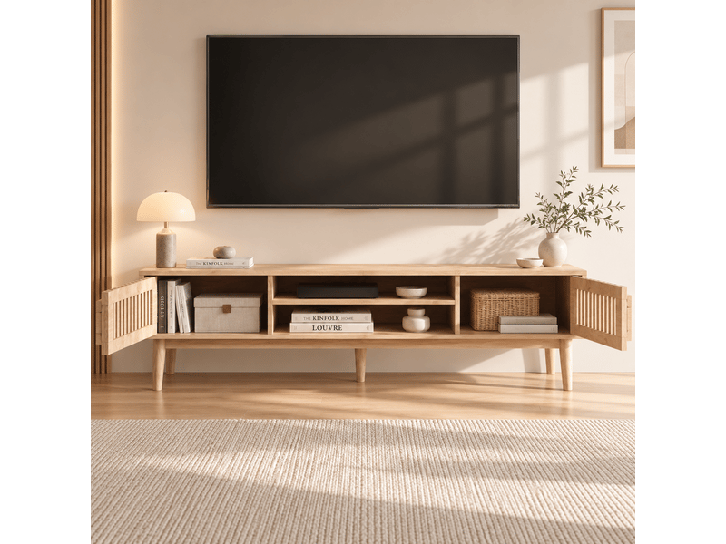 Meuble tv 150 cm, avec cloisons ouvertes et 2 portes de rangementen, scandinave, 5 pieds en bois massif, bois clair - Conforama C