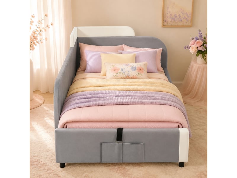  Lit enfant coffre hydraulique gris 90 x 200 cm en velours  - Conforama C