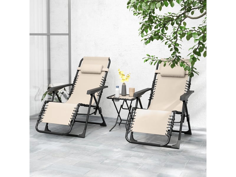  Ensemble de 2 chaises longues pliantes zéro gravité avec dossier réglable et table, beige  - Conforama C