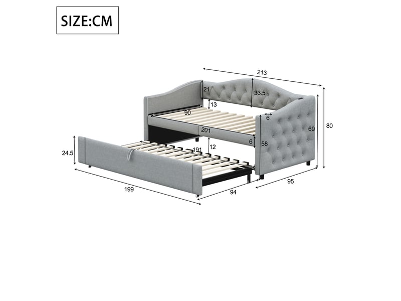  Lit enfant 90x200 cm avec lit gigogne 90x190 cm, prise usb et sommier à lattes, sans matelas, tissu en lin, gris  - Conforama C